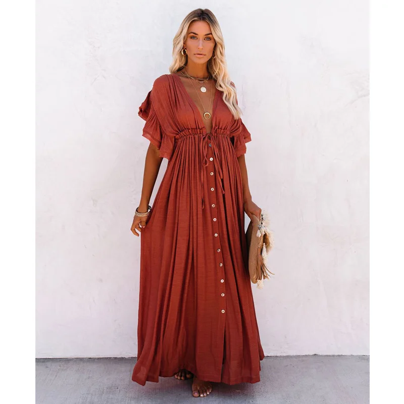 

Beach Maxi Dress Women Pleated Drawstring High Waist Long Dress Solid Boho Casual V-Neck Sexy Party Dresses 2021
