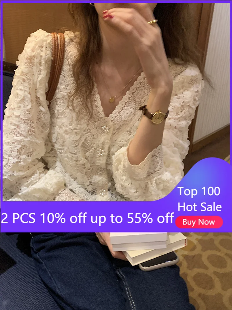 Женская кружевная блузка элегантная винтажная рубашка с длинным рукавом и