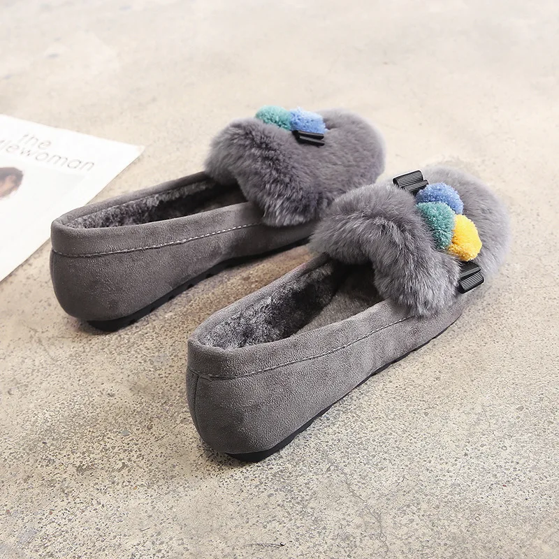Koovan Women's Fur Flats Shoes Female Autumn Winter 2021 New Wool Cotton Shoes Outside Wear Rabbit Fur Flats For Women