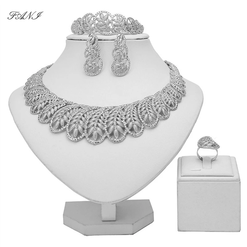 

Fani nigerian women costume Bijoux jewelry set Wholesale fashion Dubai Sliver Plated Necklace/Earrings/Bracelet/Ring jewelry set