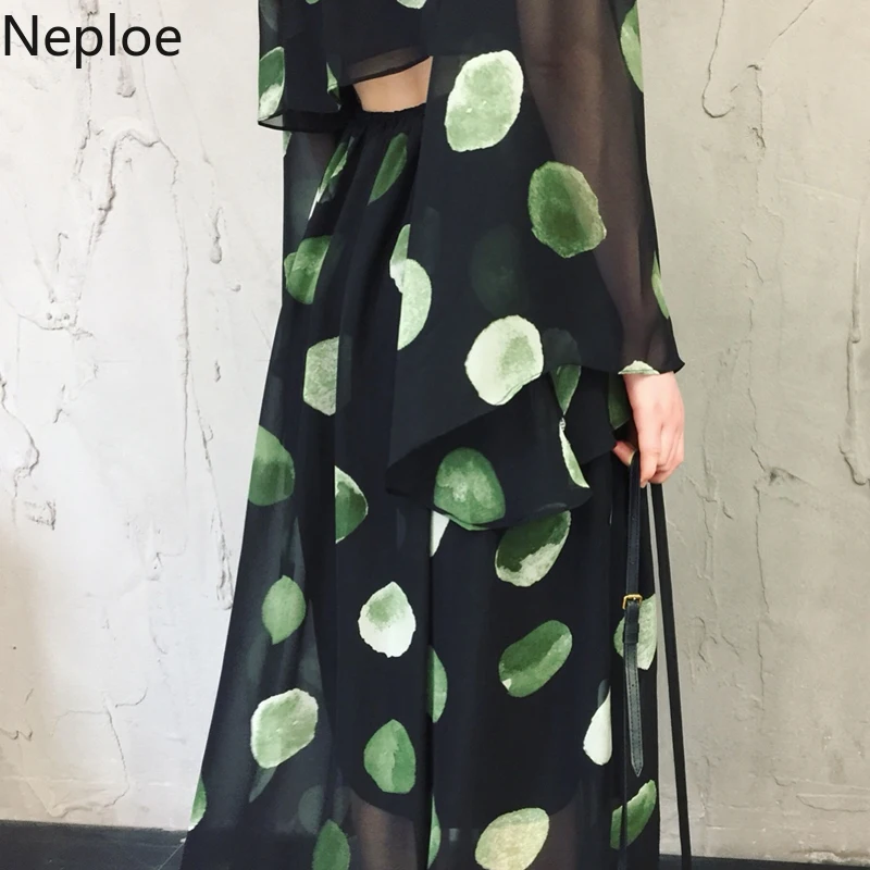 Neploe Polka Dot Women Dress Chiffon V-Neck Long Sleeve Vestidos 2019 Summer Slim Waist Wide Leg Full Dresses 44908 | Женская одежда