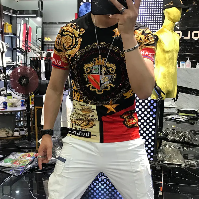 

2021 summer new tide brand heavy industry badge printing letter hot drill ice silk short sleeve trend t-shirt men