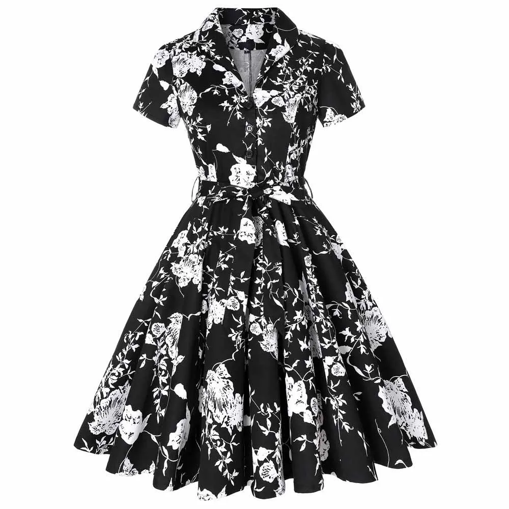 

Женское винтажное платье с цветочным принтом, черно-белое хлопковое платье с широкой юбкой в стиле 50-60-х годов, модель 3XL, SD0002