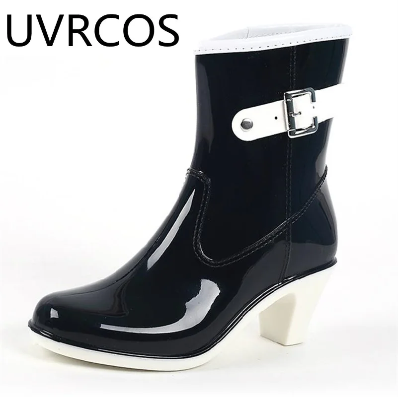 

Women High Heels Wedges Rain Boots Mid-calf Waterproof anti-slip PVC Rainboots Water Shoes Woman Wellies Boots Rubber overshoes