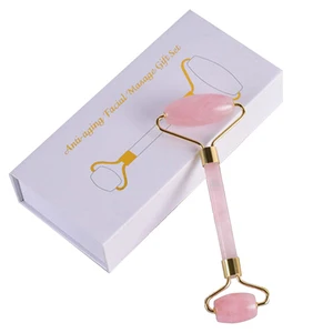 Роллер из розового кварца для похудения и лифтинга лица, массажный аппарат из натурального камня, зеленый нефритовый роллер с коробкой для массажа кожи