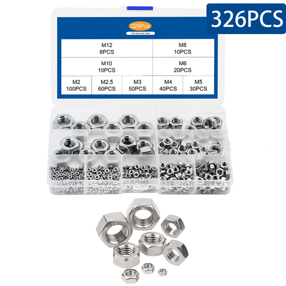 

326PCS/Box Hex Hexagon Nuts Assortment Kit M2 M2.5 M3 M4 M5 M6 M8 M10 M12 Stainless Steel Metric Hex Nuts Set DIN934