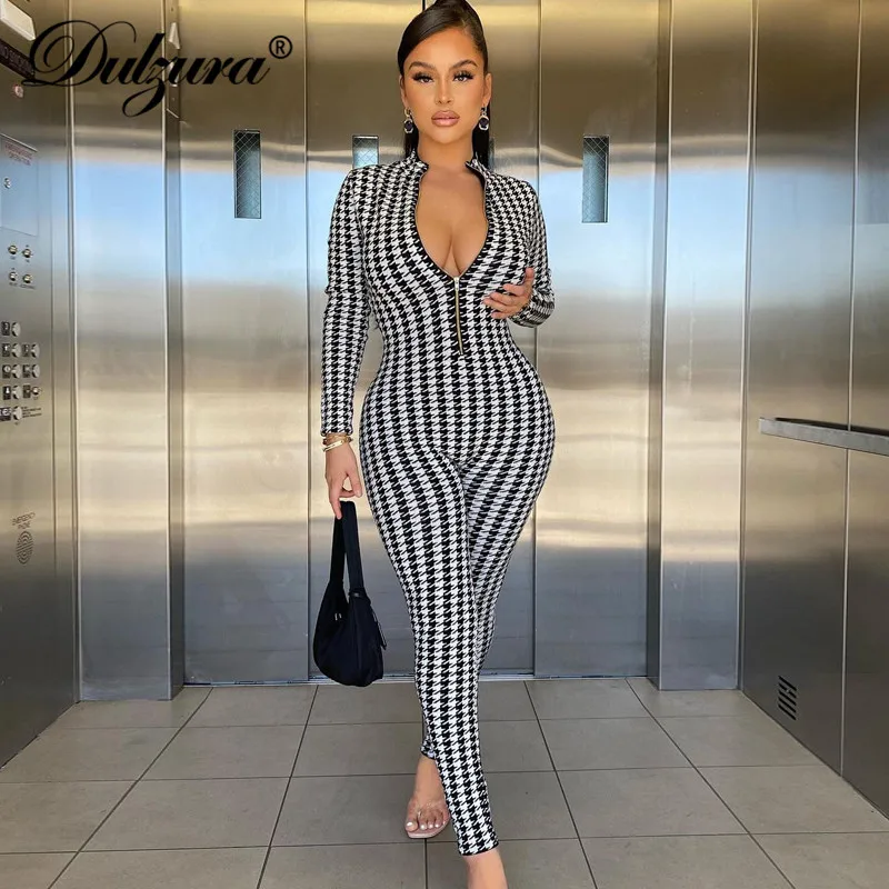 

Dulzura Houndstooth Print Women Long Sleeve Zipper Jumpsuit Sexy Streetwear Party Club 2021 Autumn Winter Rompers Sportswear