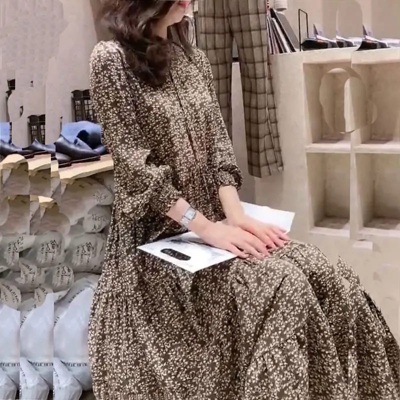 

Женское шифоновое платье с принтом, длинное ТРАПЕЦИЕВИДНОЕ ПЛАТЬЕ в стиле ретро, свободное платье с круглым вырезом, весна-осень 2021