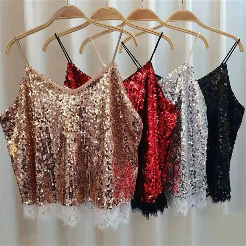 

2022 New Fashion Summer Sexy Women Sequined Vest Solid Lace V-neck Tank Summer Outfit Lady Short paragraph Tanks Bottomings 1641