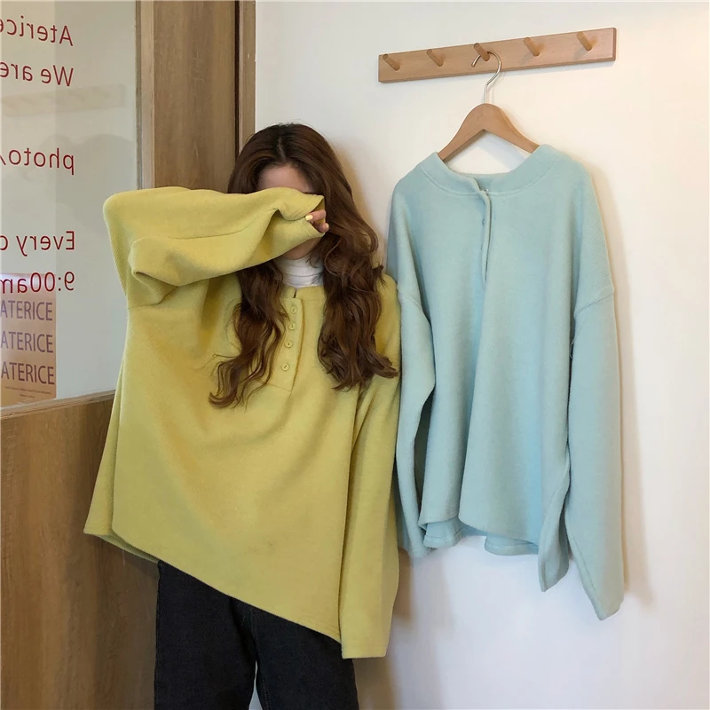 

Harajuku Shirts Women Long Sleeve Tops Pullovers 2020 Spring Autumn Buttons Loose Sweatshirts Students Girls Fresh Solid Hoodies