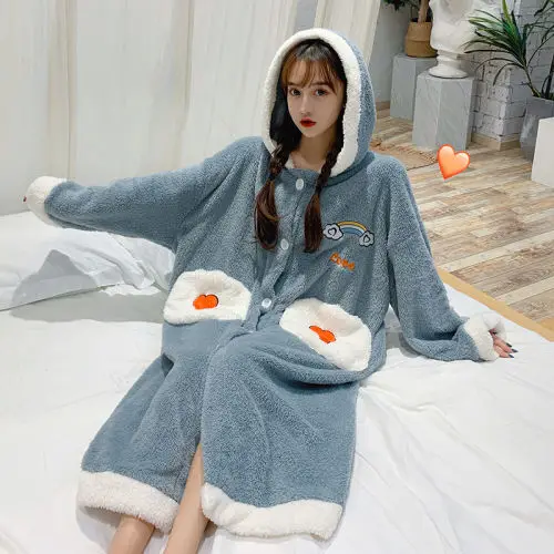 Халат женский фланелевый с капюшоном теплый синий халат-кимоно карманами мягкая