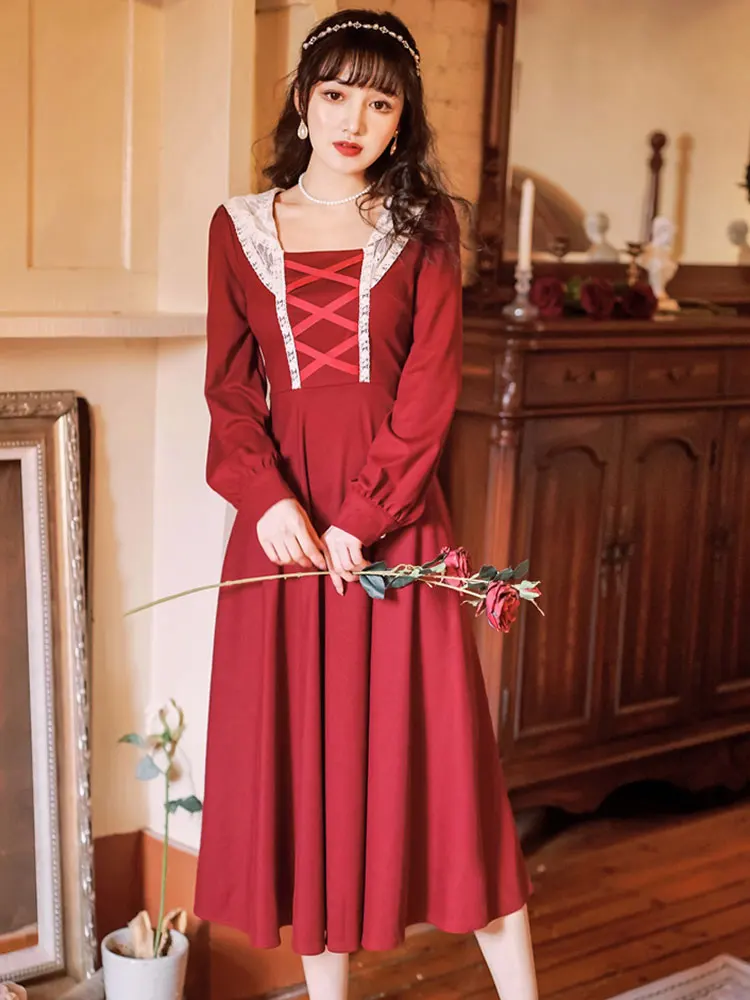 

Summer New Women's Retro Palace Style Strap Red Long Dress Japanese Girl Temperament Was Thin Literary Slim Thin Dress