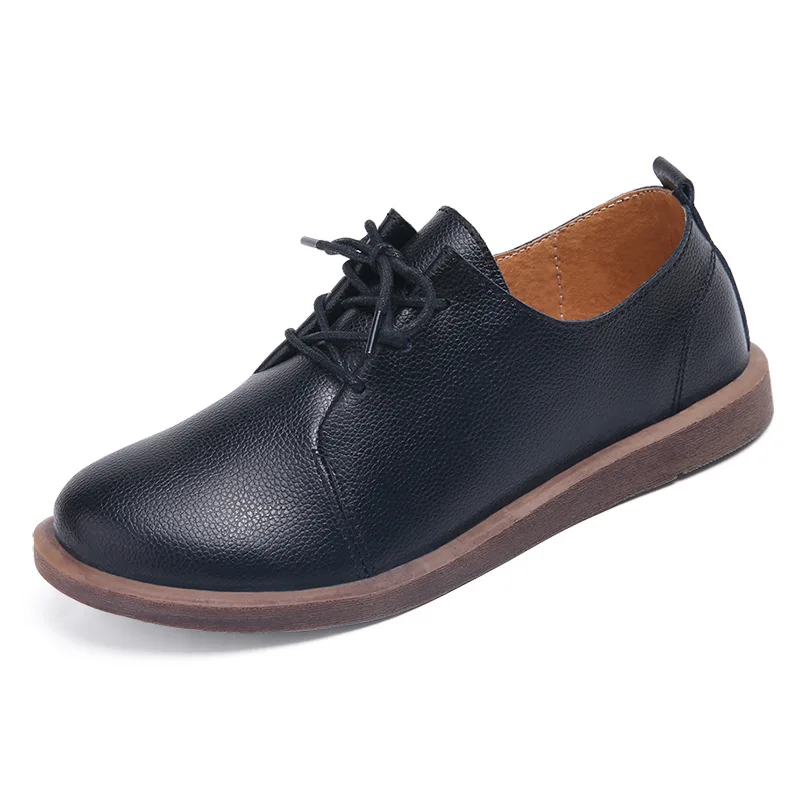 

2021 Women Spring/Autumn Shoes Women Genuine Leather Casual Round Toe Flats Female Lace Up Solid Oxford Shoes Zapatos De Mujer