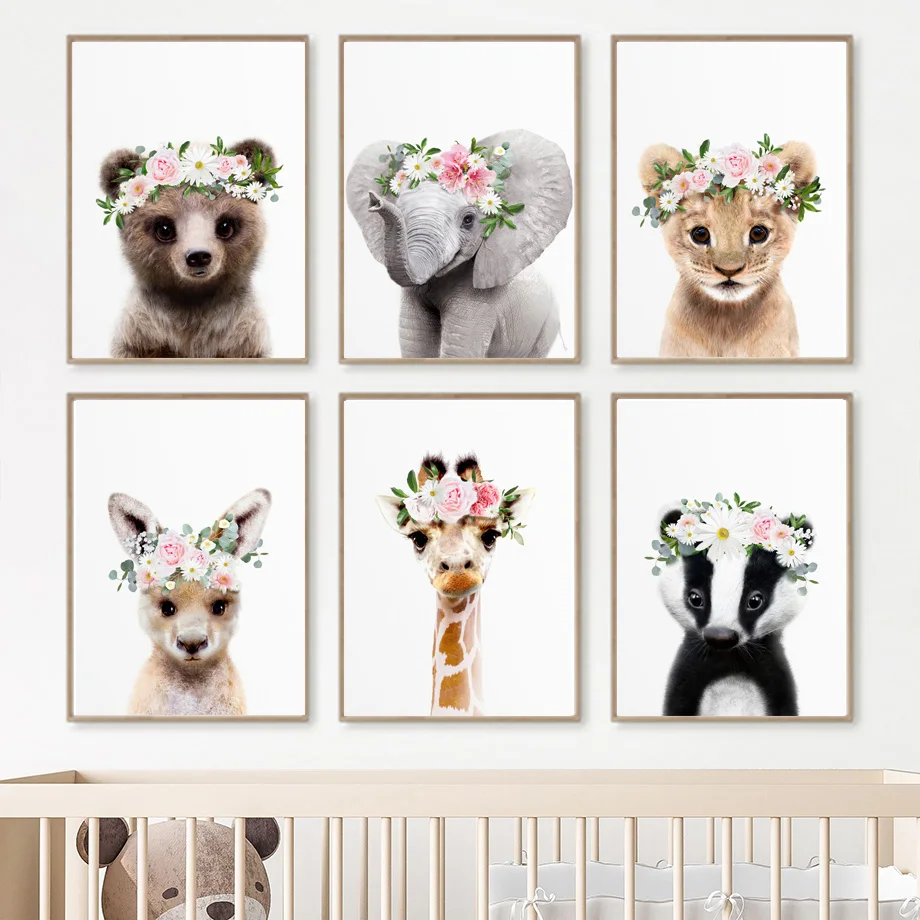 

Elephant Giraffe Bear Lion Rabbit Cow Flower Girl Nursery Wall Art Print Canvas Painting Nordic Poster Decor Pictures Baby Room