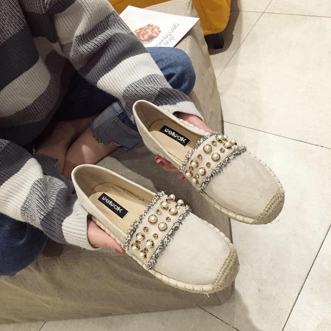 Женские джинсовые лоферы с бахромой жемчужным ремешком стразы пеньковая обувь