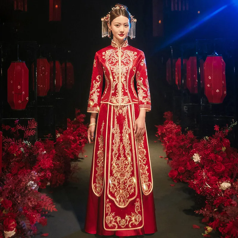 Осеннее китайское Ретро изысканное вышитое Свадебное платье Чонсам
