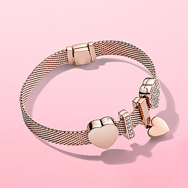 

100% S925 sterling silver Rose gold heart studded pandora bracelet love elegant fashion high quality valentine's day gift
