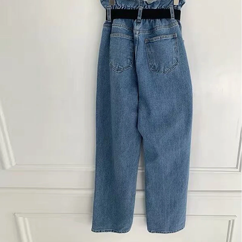 

New Wide Leg Jeans Ladies Loose Nine Elastic Waist Straight Tube Distribution Belt Jeans Ruffle Streetwear Fashion Denim Pants
