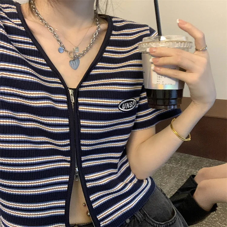 Женская летняя футболка в полоску кардиган на молнии с коротким рукавом короткий