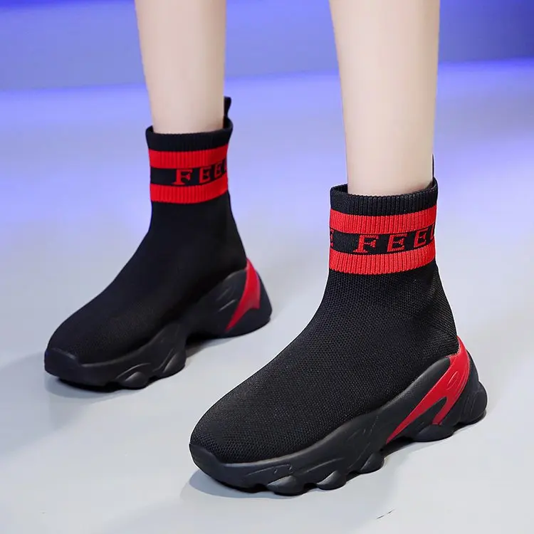 Трикотажные высокие кроссовки на платформе 2019 г. Женская повседневная обувь