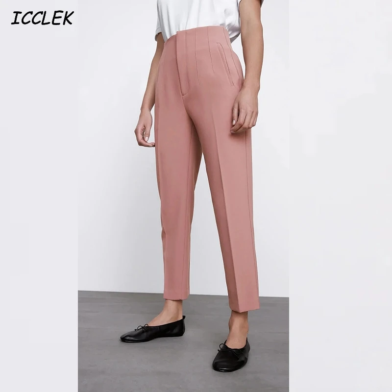 

Za Women's Pants Pink Blazer Workwear Pant Female Trousers Spring High Waist Loose Pant Mujer Solid Casual Straight Pant Elegant