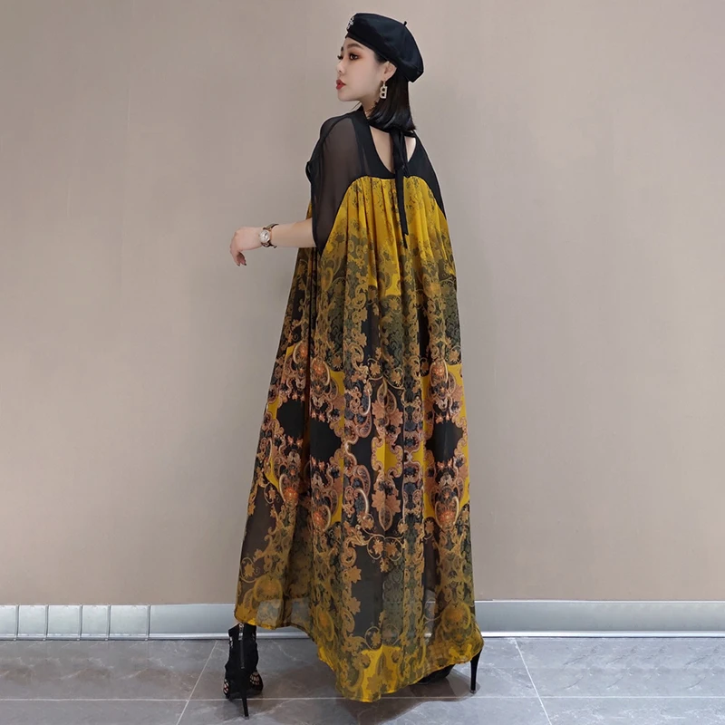 

SHENGPLLAE Temperament Printed Chiffon Dress Women's Summer 2021 New Round Neck Back Bandage Loose Short Sleeve Mid-calf Dresses
