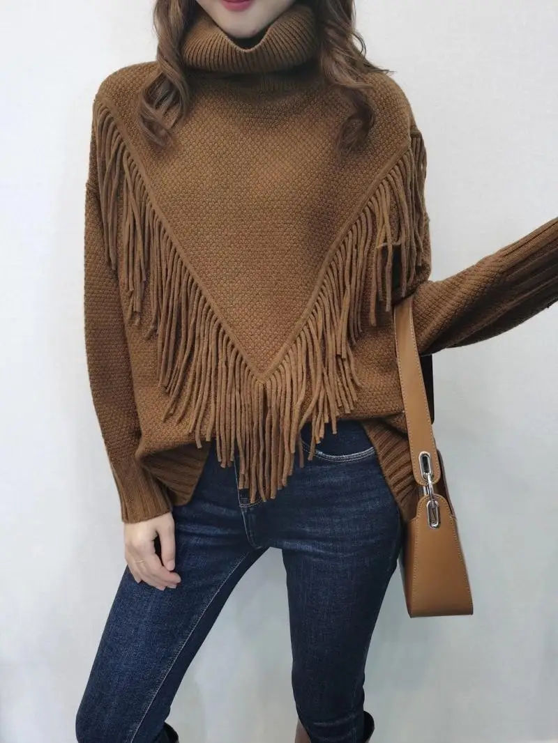 

Women's turtleneck sweater for fall/winter 2021 new loose and versatile turtleneck tassel cashmere sweater women