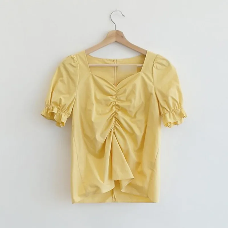 

Solid White Women Blouse Summer Sweet Pleated Short Lantern Sleeve V-neck Girls Lady Casual Shirt Female Tops