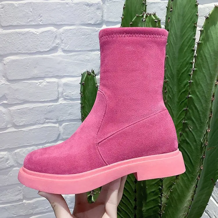 Mid-Calf Классические женские сапоги до колена из флока осенне-зимние сапоги без застежки с круглым носком на плоской подошве женская обувь из хлопчатобумажной ткани в стиле ретро - Цвет: Mid-Calf
