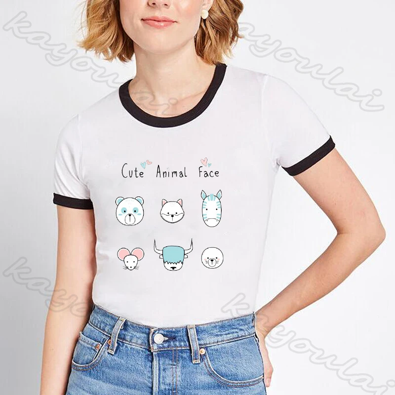 Kawaii женская футболка японский Стиль животных жирафа медведя лев собака Бегемот