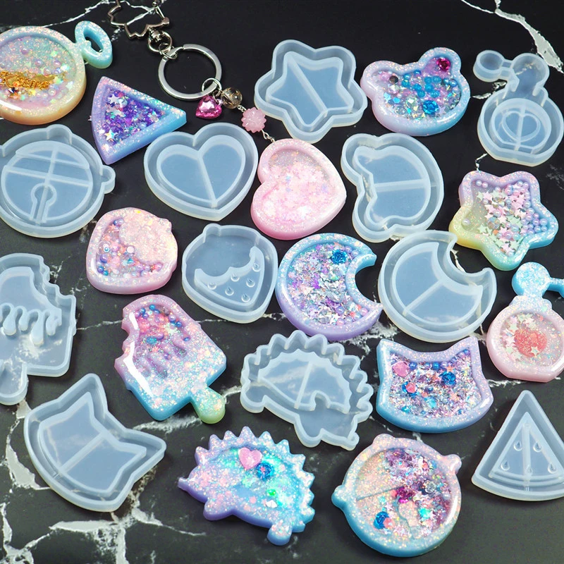 

12PCS DIY Keychain Pendant Silicone Mold Set Crystal Epoxy Resin Mold Cat Bells Moon Stars Pendants Jewelry Making Casting Mould