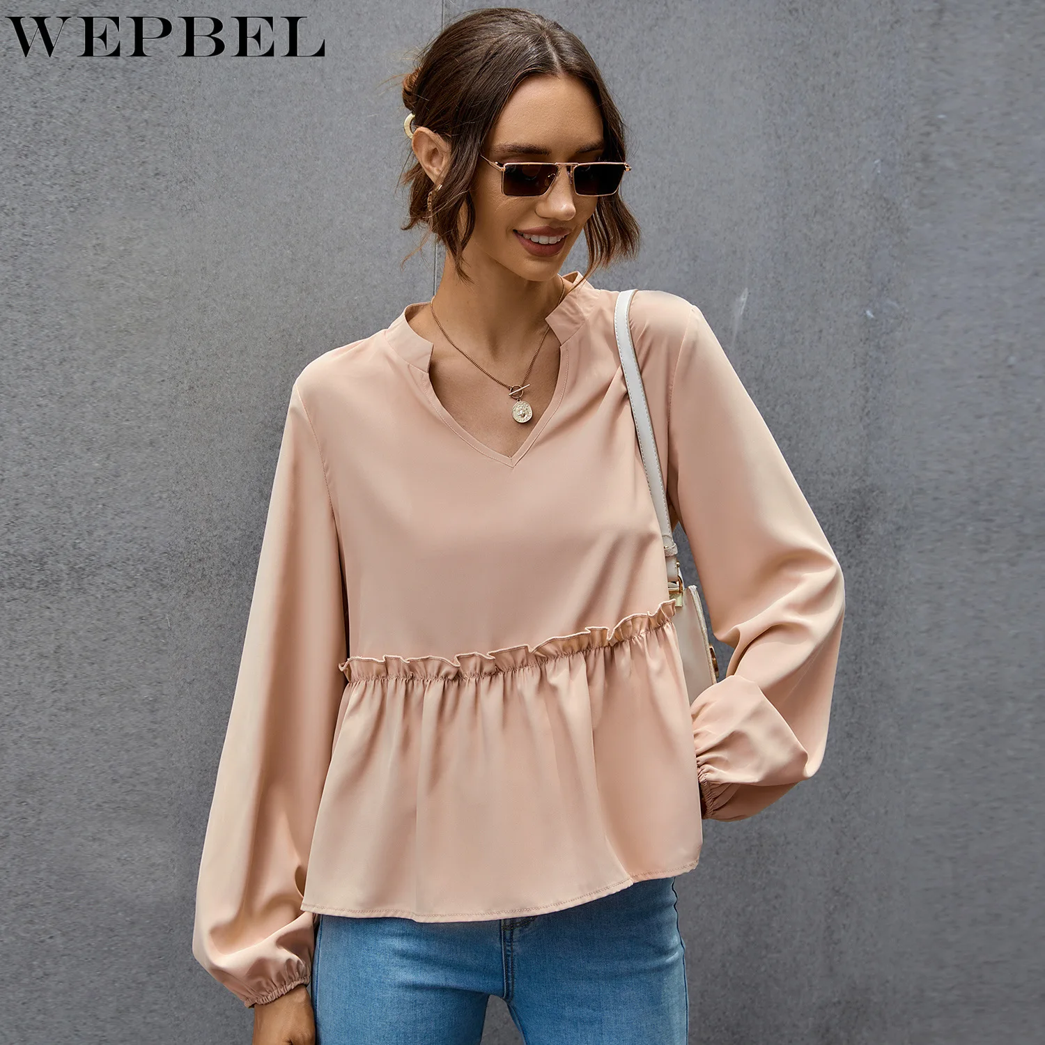 

WEPBEL Casual Lantern Sleeve Shirt Autumn Loose Ruffles Pleated Stitching Blouse Women's V-neck Solid Color Loose Shirt