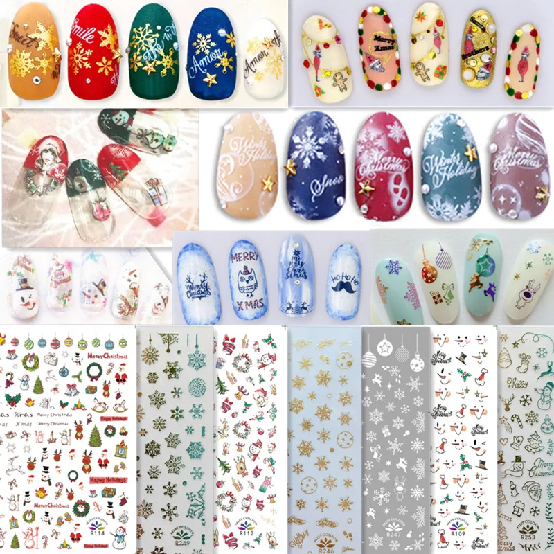 

Merry Christmas 3D Nails Stickers Winter Snowflake Elk Xmas Trees Colorful Cartoon Adhesive Sliders Nail Art Accessories Decals