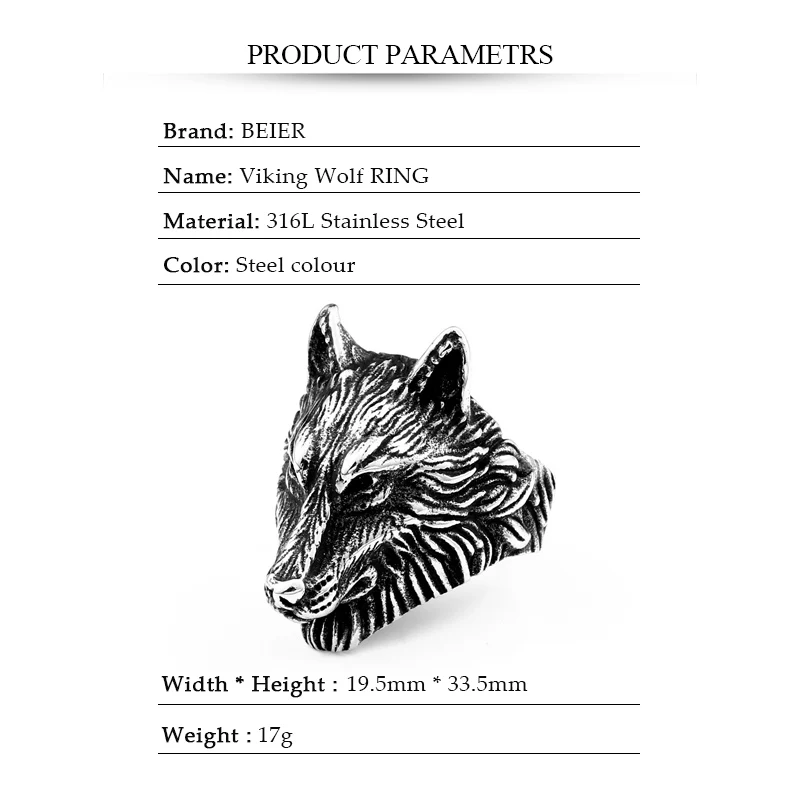 Мужской Молот Мьёльнир от BEIER панк кольцо в виде головы волка из нержавеющей
