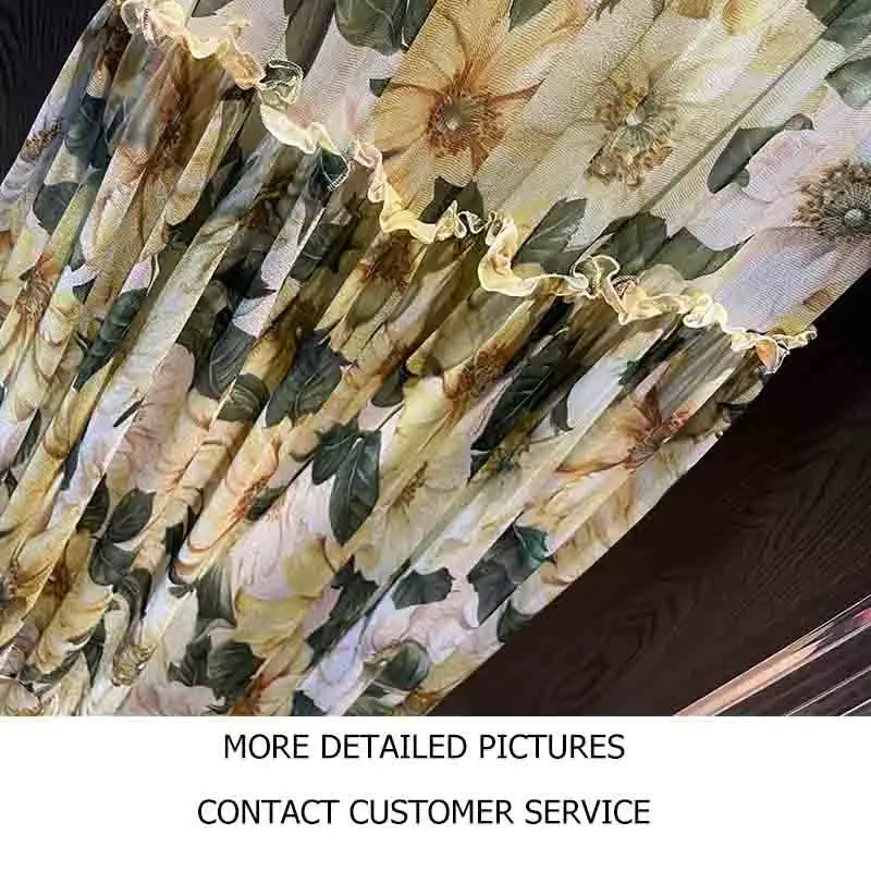 

Cosmicchic Women Dress Summer 2021 Casual Lily Print Silk Maxi Dress O-neck High Waist Pleated Dress With Silk Lace Underskirt