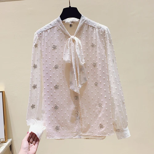 

Fashion Long Sleeve Chiffon Blouse for Women Elegant Lace Bow Coolar Office Lady All-Match Tops Shirts Blusas Mujer 2021 Spring