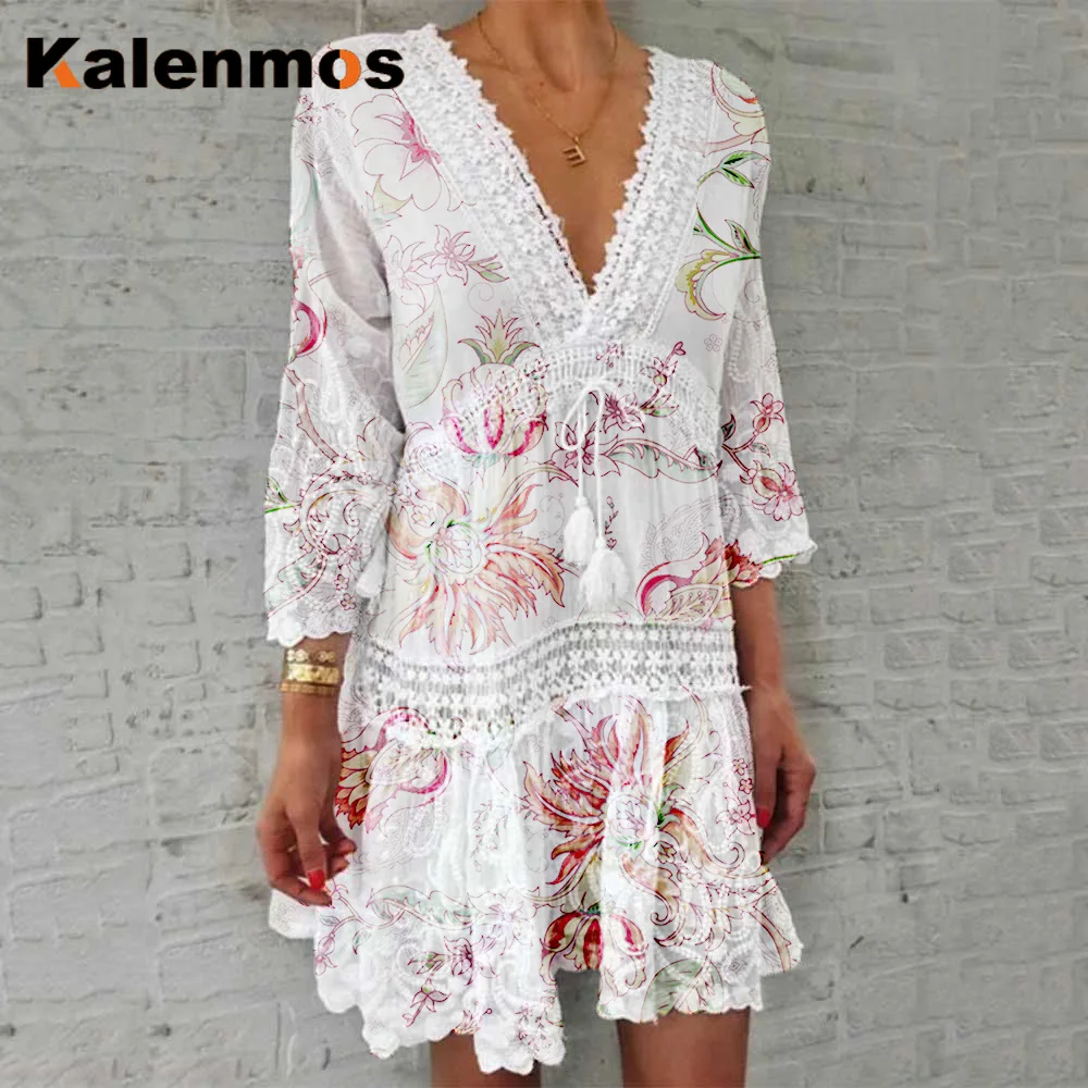 

Sexy Mini Dress Women Casual Dresses V Neck Long Sleeve Floral Slim Tassel Lace Hollow Out Vestidos Female Summer Beach Vacation