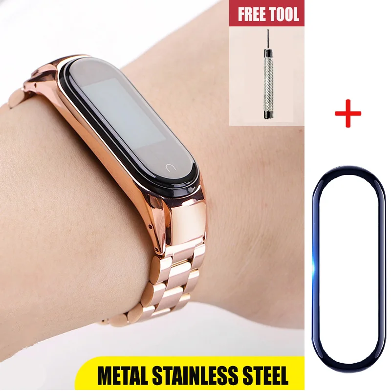 rose gold strap Film 2в1/упаковка для Mi Band 4 ремешок с защитной пленкой для экрана для Mi Band 4 браслет Miband 4 браслет металлический ремешок аксессуары - Цвет: rose gold strap Film