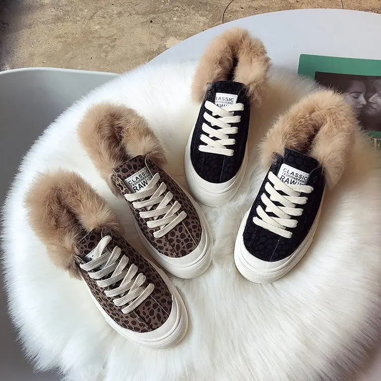 Женская обувь женские зимние ботильоны леопардовые кроссовки с кроличьим мехом