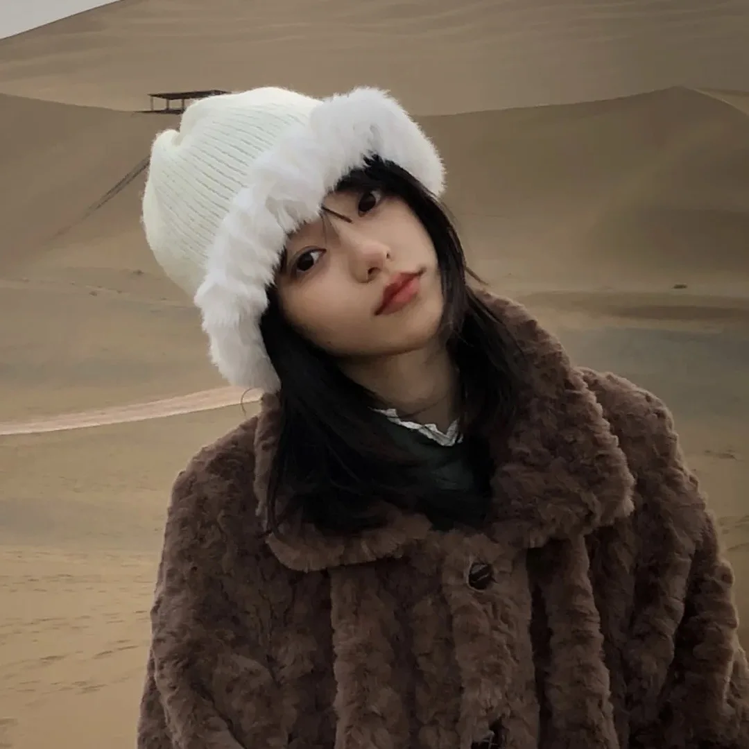 

Cute Beanie Hat for Women Winter Hat Knitted Rabbit Fur Skullies Hat Warm Bonnet Bomber Cap Female Hats For Girl Gorros