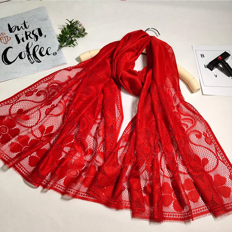 Женский Тонкий шелковый шарф длинный однотонный кружевной с кисточками и