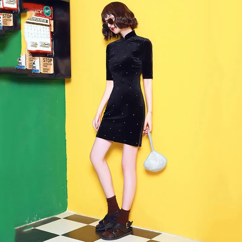 Крутое черное велюровое китайское платье-Ципао для женщин пикантное тонкое