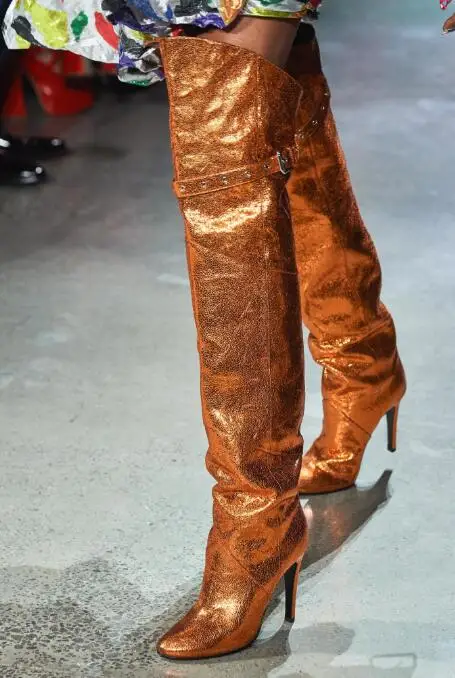 

Fashion Runway Boots Pointed Toe Metallic Leather Strap Over The Knee Boots High Heels Winter Long Boots Customized