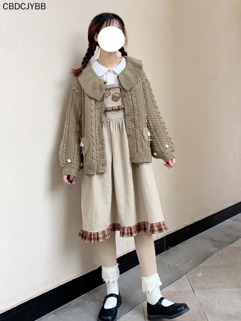 

2021 New Lolita Cute Bear Corduroy Overall Dress Women Girls Vintage Plaid Ruffle Harajuku Casual Kawaii Suspenders Dresses