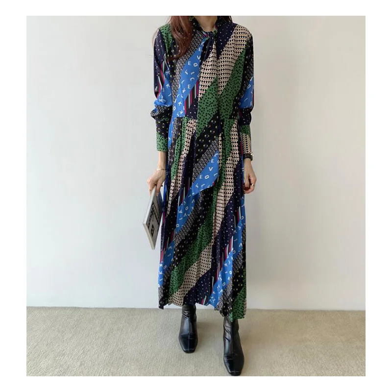 

Elegant print dress women lace up long sleeve ruffled holiday dress waist spring summer dresses XX213