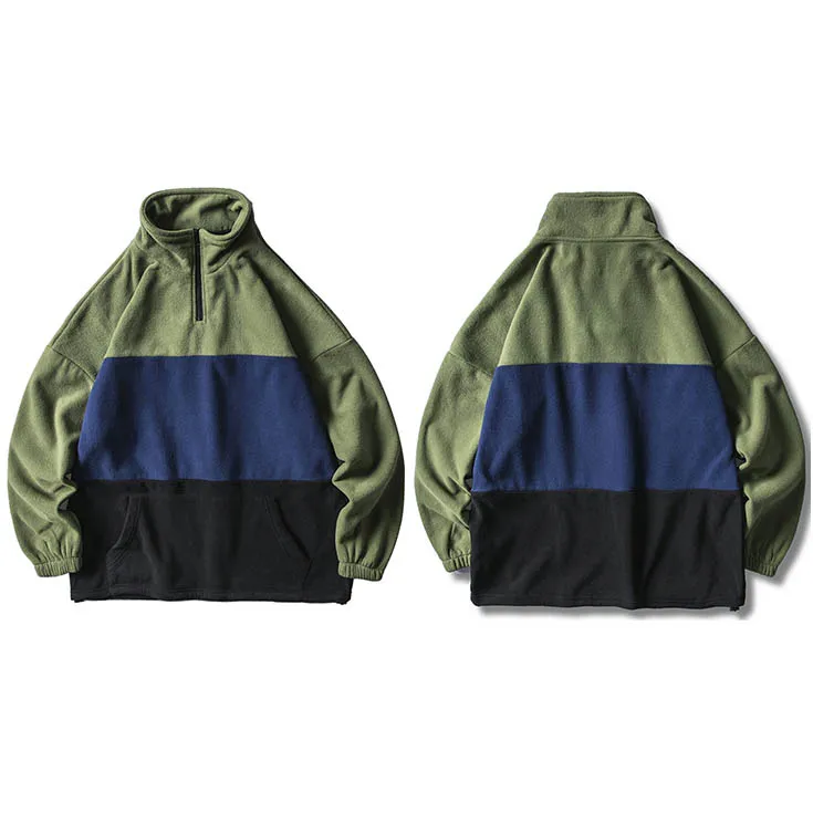 A46V9256 Green Ретро винтажная Куртка хип хоп Уличная Мужская Harajuku цветной модульный пуловер куртка Половина на молнии осень зима флисовая куртка, пальто - Цвет: A46V9256 Green