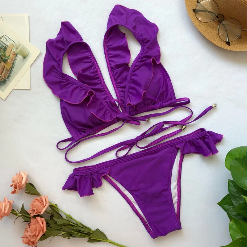 

Women Swimsuit 2021 Sexy Solid Push Up Bikinis Ruffle Shoulder Bikini Set Pad Vest Bikini Low Waist Bandage Swimwear