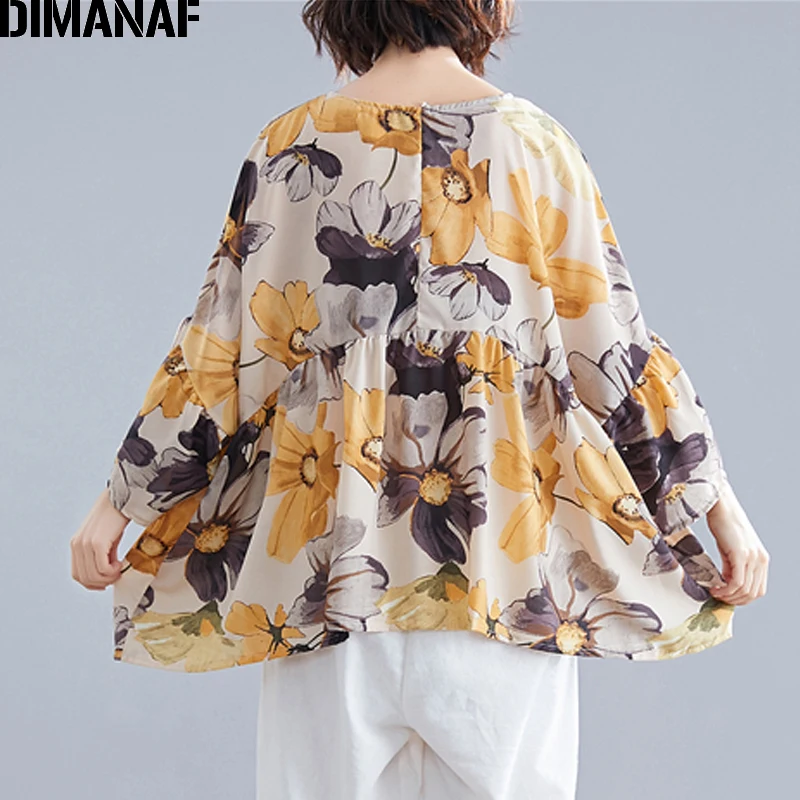 DIMANAF размера плюс женская блузка рубашки летние пляжные Цветочный принт женские