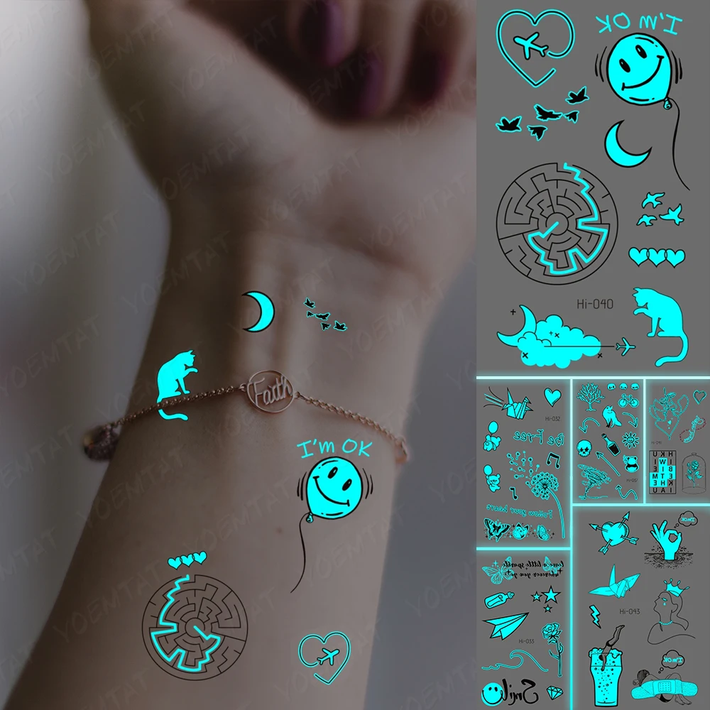 

Luminous Tattoos Happy Smile Balloon Cat Airplane Waterproof Temporary Tattoo Stickers Women Men Blue Glow Body Art Heart Tatto