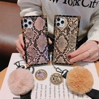 luxury snake skin design square silicon phone case for iphone 12 11 pro max xs xr se 7 8 plus with hair ball bracket back cover